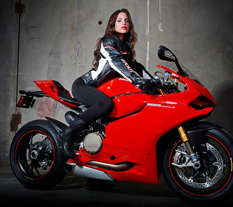 Biker Girl, red, bonito, biker, woman, brunet, ducati, girl, Ducati 1199, lady, HD wallpaper