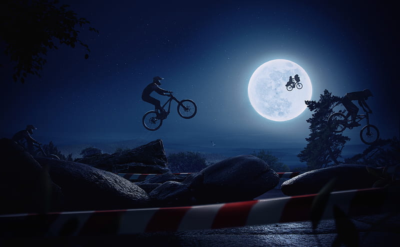 Cyclist jumping, cyclist, moon, fantasy, moon, luminos, jumping, juank, night, silhouette, HD wallpaper