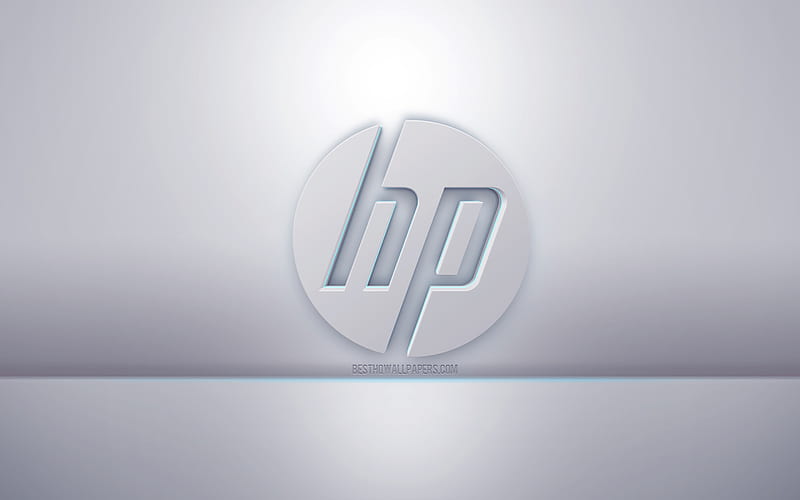HP 3d white logo, gray background, HP logo, creative 3d art, Hewlett-Packard, 3d emblem, HD wallpaper