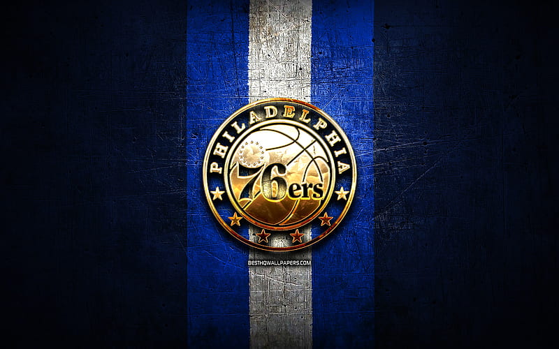 Philadelphia 76ers, golden logo, NBA, blue metal background, american basketball club, Philadelphia 76ers logo, basketball, USA, HD wallpaper
