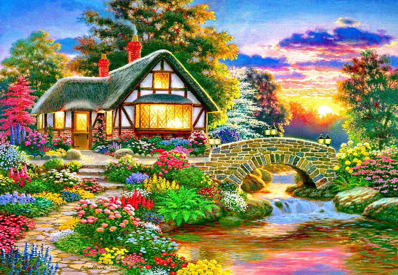 Serenity cottage, colors of nature, art, cottage, beautiful flowers, lovely cabin, sunset, splendor, paradise, bridge, painting, nature, cal streams, nice art, HD wallpaper