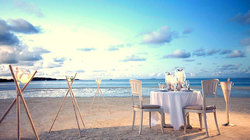 Mauritius Dinner Beach, dinner, isle, shore, stool, clouds, sea, beach, sand, chairs, SkyPhoenixX1, evening, light, table, vacation, Mauritius, holiday, ocean, waves, sky, candles, water, paradise, summer, island, nature, coast, HD wallpaper