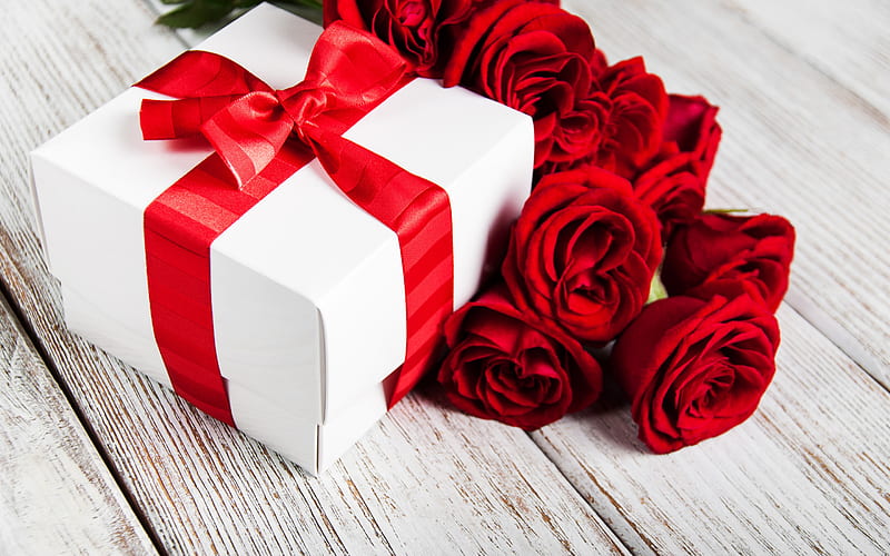 gift with red silk bow, white box gift, red roses, rose bouquet, romantic gift, February 14, Valentines Day, HD wallpaper