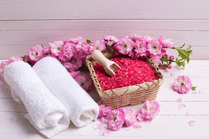 Pink Salt Scubs, flowers, bath, towels, pink, white, scrubs, salts, HD wallpaper