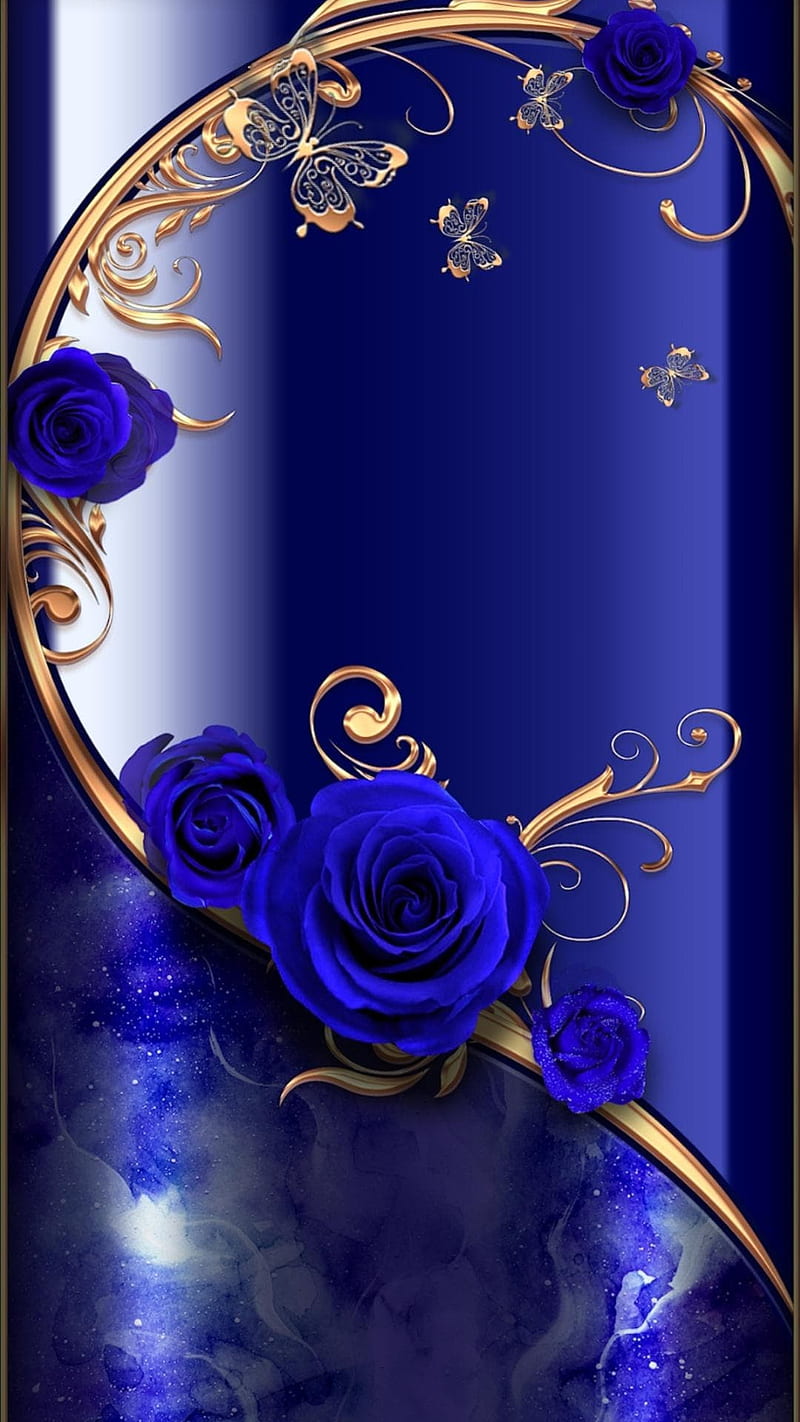 Rose, blue, butterfly, flower, gold, roses, screen, HD phone wallpaper