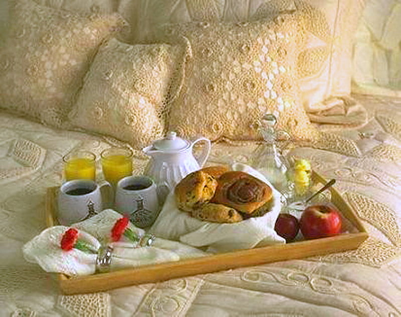 A special morning, juice, tea, bed, fruit, gold, ivory, tray, pastry, flowers, pillows, HD wallpaper