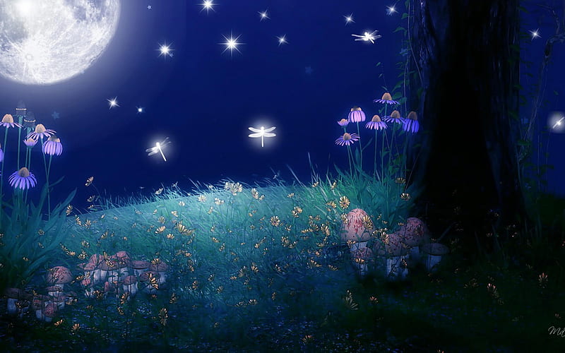 ✰Twilight with Dragonflies✰, pretty, grass, sweet, fantasy, flutter, splendor, love, bright, flowers, wings, lovely, creative pre-made, sky, trees, cute, cool, dragonflies, glow, bonito, twilight, seasons, digital art, leaves, moon, light, animals, night, stars, shadow, colors, spring, buds, shines, plants, mushrooms, HD wallpaper