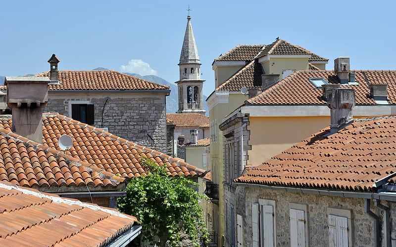 Roofs of Budva, Montenegro, Montenegro, Budva, houses, roofs, church, HD wallpaper