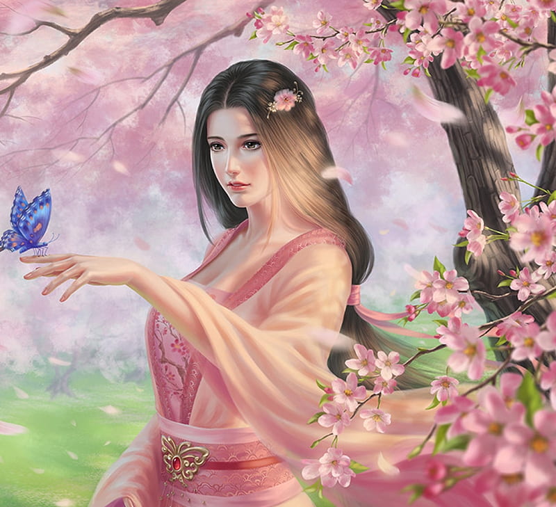 Fantasy girl, luminos, crystalrain272, butterfly, hand, spring, pink, frumusete, crystalrain, blossom, fantasy, HD wallpaper