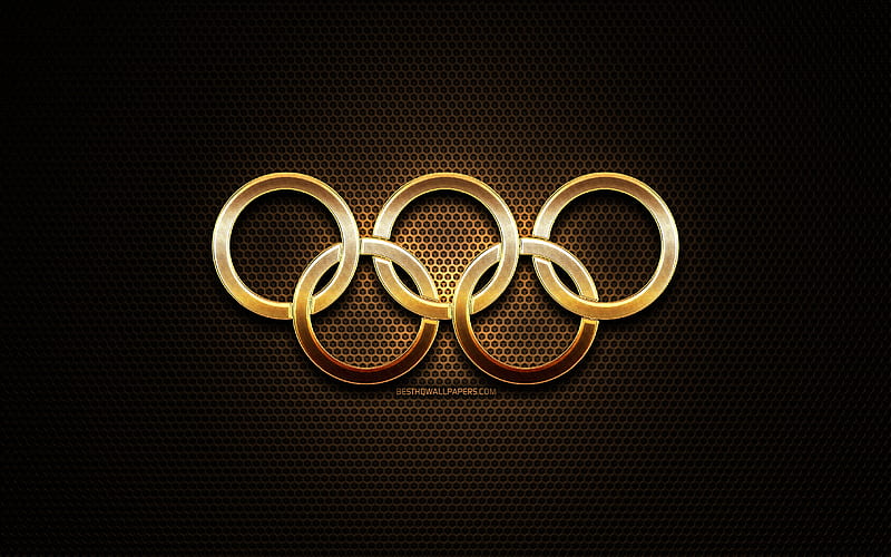 Golden Olympic rings, gold glitter rings, artwork, metal grid background, creative, olympic symbols, Gold Olympic Rings, HD wallpaper