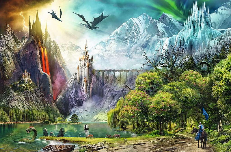 Dragons Reign, mountains, knight, art, digital, river, castle, trees, HD wallpaper