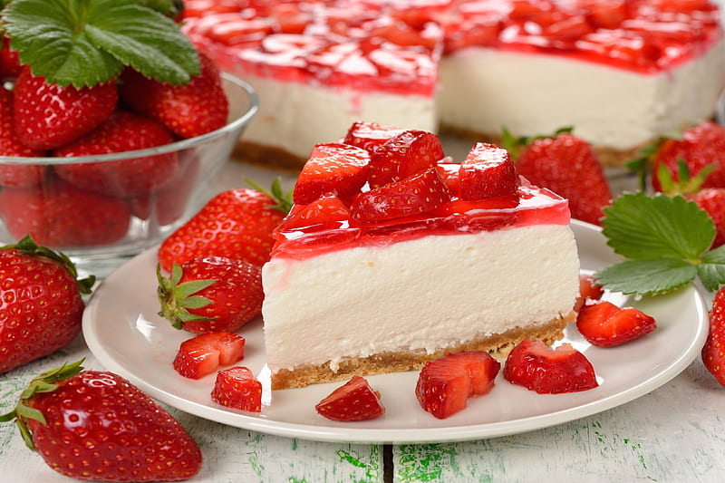 Enjoy!, cake, red, mint, food, straswberry, sweet, dessert, leaf, fruit, green, cheese cake, berry, slice, white, HD wallpaper