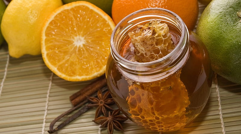 CITRUS HONEYCOMB, honeycomb, food, cinnamon, oranges, fruit, citrus, syrup, honey, spices, sweetness, bottles, HD wallpaper