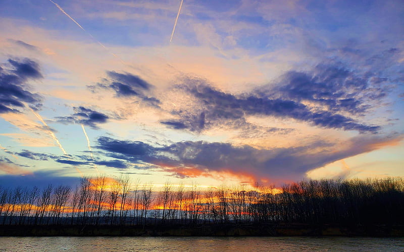Sunset on the Ohio River Shawneetown, Illinois, landscape, usa, colors, clouds, trees, sky, HD wallpaper