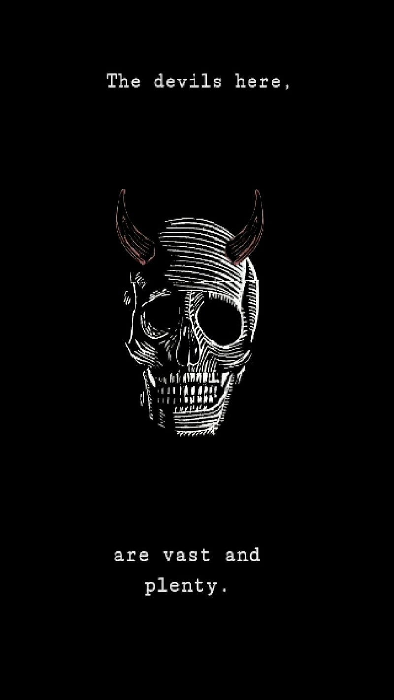 He is Here, abstract, background, black, death, devil, evil, quote, skull, HD phone wallpaper
