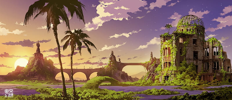 anime landscape, bridge, ruins, sunset, scenic, palm trees, clouds, Anime, HD wallpaper