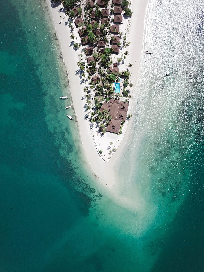 island, bungalow, boats, ocean, aerial view, HD phone wallpaper