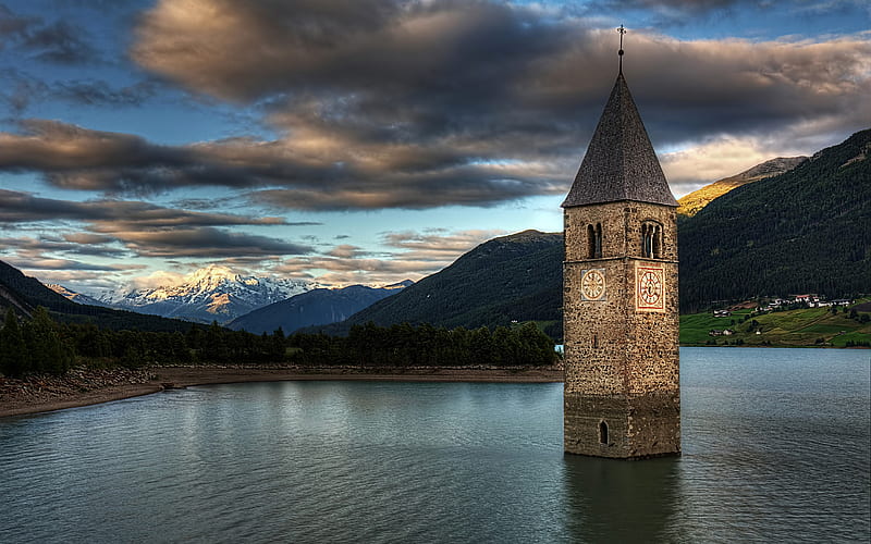 Lake Resia mountains, italian landmarks, South Tyrol, church tower, Alto Adige, Bolzano, Italy, Europe, Reschensee, HD wallpaper