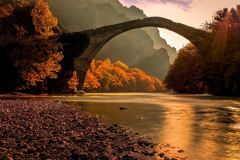 Autumn Morning At Old Bridge, forest, fall, sunbeams, bonito, trees, golden day, Greece, riverside, bridge, mountains, river, sunrise, HD wallpaper