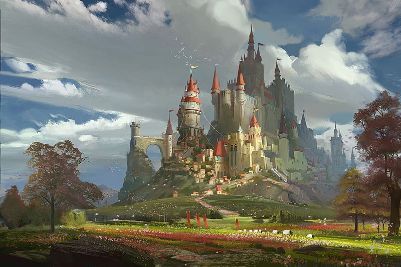 Castle, fantasy, greyson, art, cloud, luminos, HD wallpaper