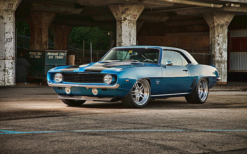 Chevrolet Camaro SS, muscle cars, 1969 cars, tuning, retro cars, blue Camaro, Customized Chevrolet Camaro, american cars, Chevrolet, HD wallpaper