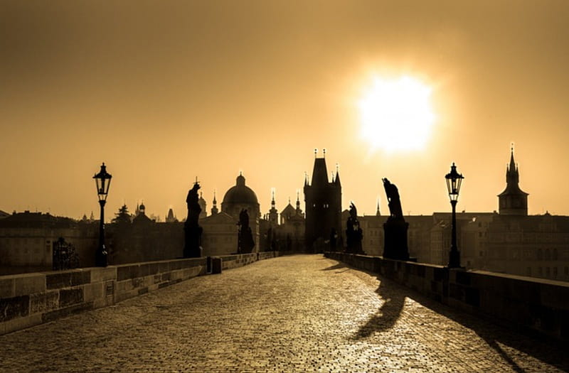 Charles Bridge, architecture, sun, Prague, HD wallpaper