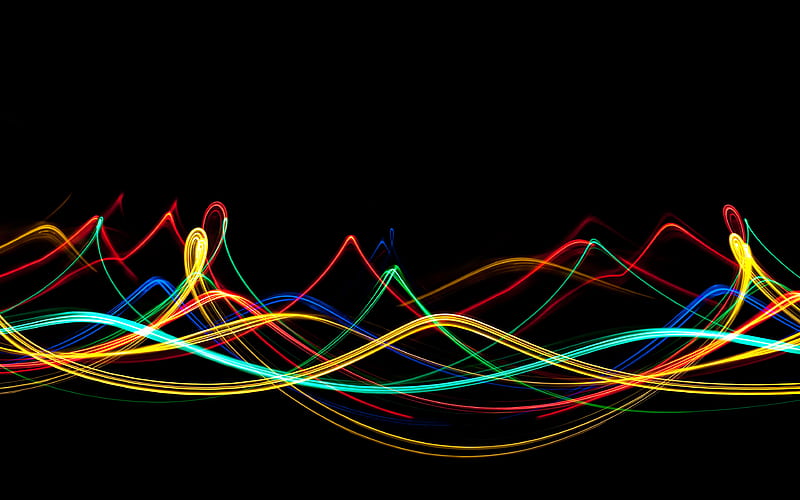 colorful neon waves black backgrounds, creative, artwork, neon rays, abstract art, HD wallpaper