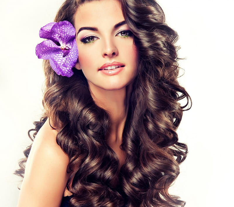 Beauty, model, woman, girl, purple, orchid, face, sonya zhuravetc, white, HD wallpaper