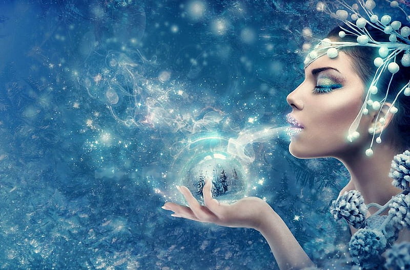 Winter Fairy, art, glass sphere, girl, snow, pinecones, white, trees, blue, HD wallpaper