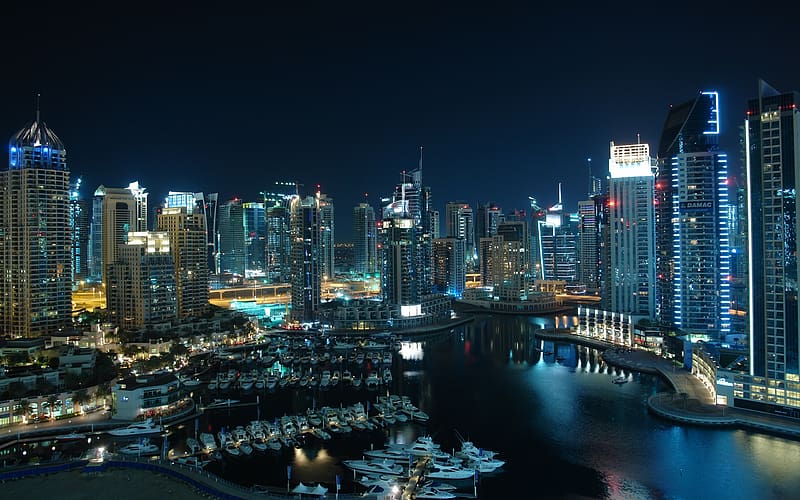 Cities, Night, City, Skyscraper, Building, Light, Dubai, Boat, Bay, Yacht, Harbor, HD wallpaper