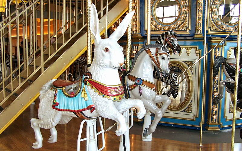 Carousel Rabbit-Go-Round, architecture, lakeside shopping mall, stairs, michigan, orange and white tigers, merry go rounds, american bald eagle, hare, zebra, carouse1, sterling heights, rabbit, golden, cat, horse, double decker, amusement park, bird, carousel, pony, kitten, HD wallpaper