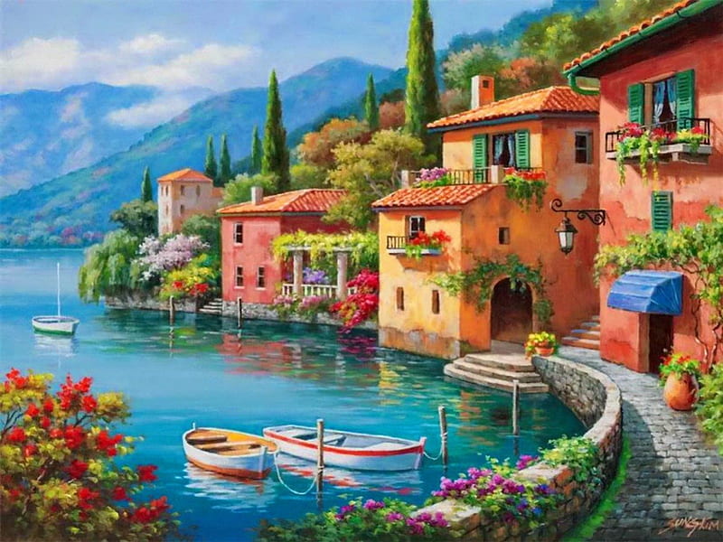 Beautiful coastal town, pretty, colorful, riverbank, shore, cottages, cabin, bonito, clouds, sea, mountain, nice, calm, boats, dock, painting, village, flowers, river, lovely, houses, pier, town, sky, lake, slope, peaceful, summer, villas, coast, HD wallpaper