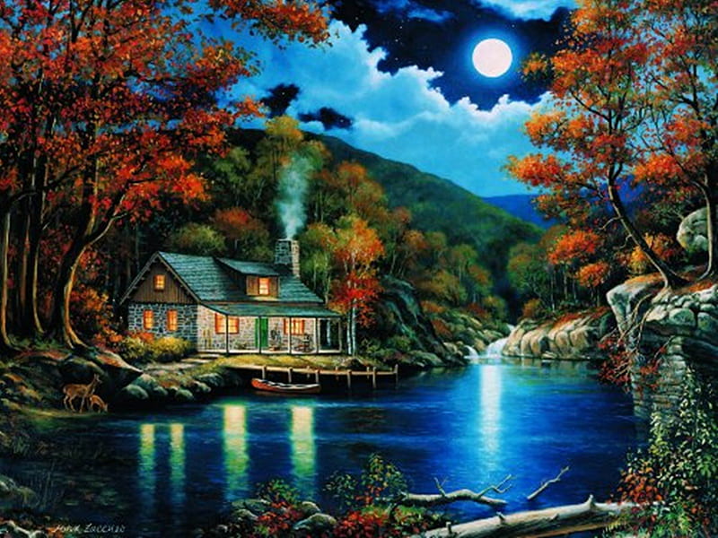 Lake, moon, cobble, nature, cabin, Hill, blue, HD wallpaper