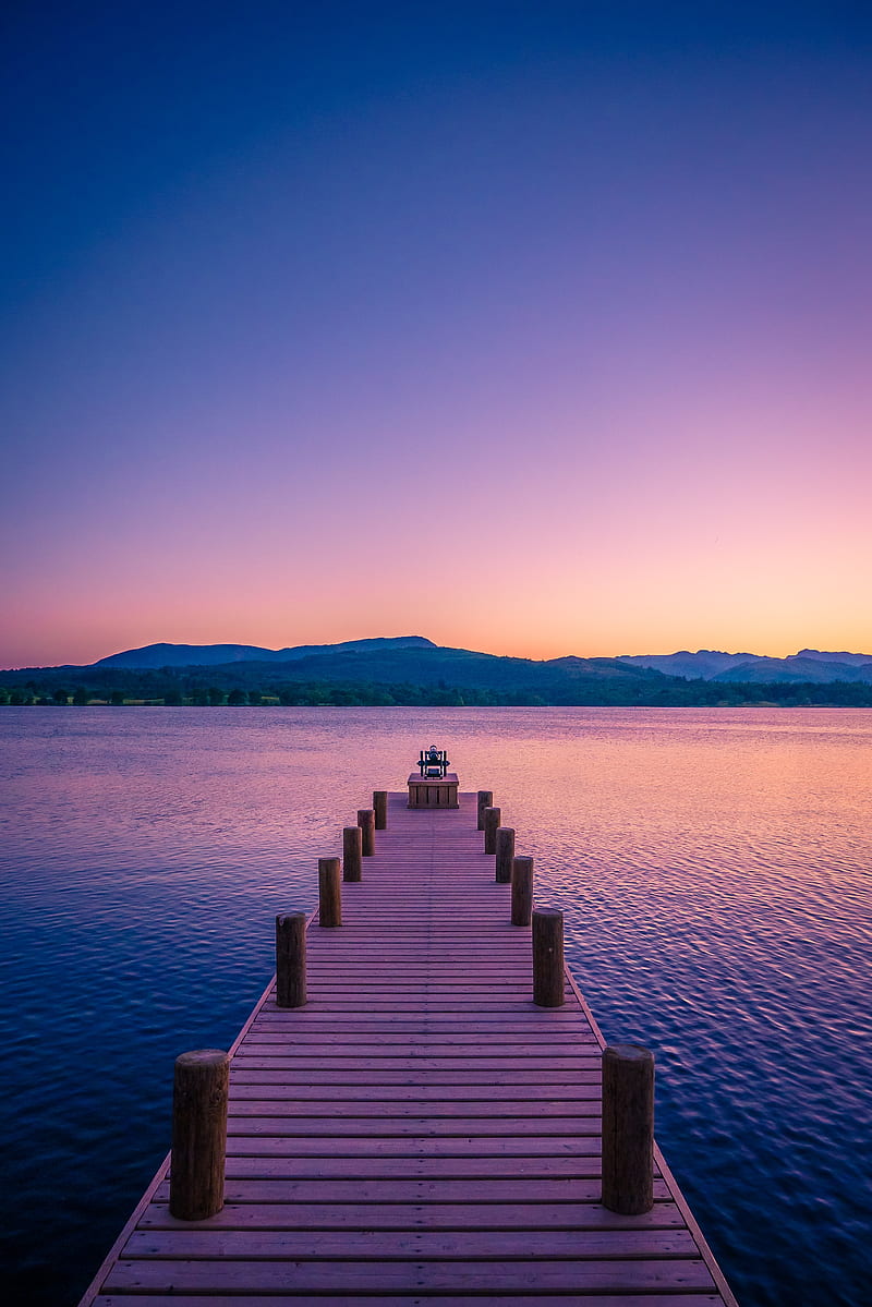 Pier, lake, mountains, dusk, nature, HD phone wallpaper | Peakpx