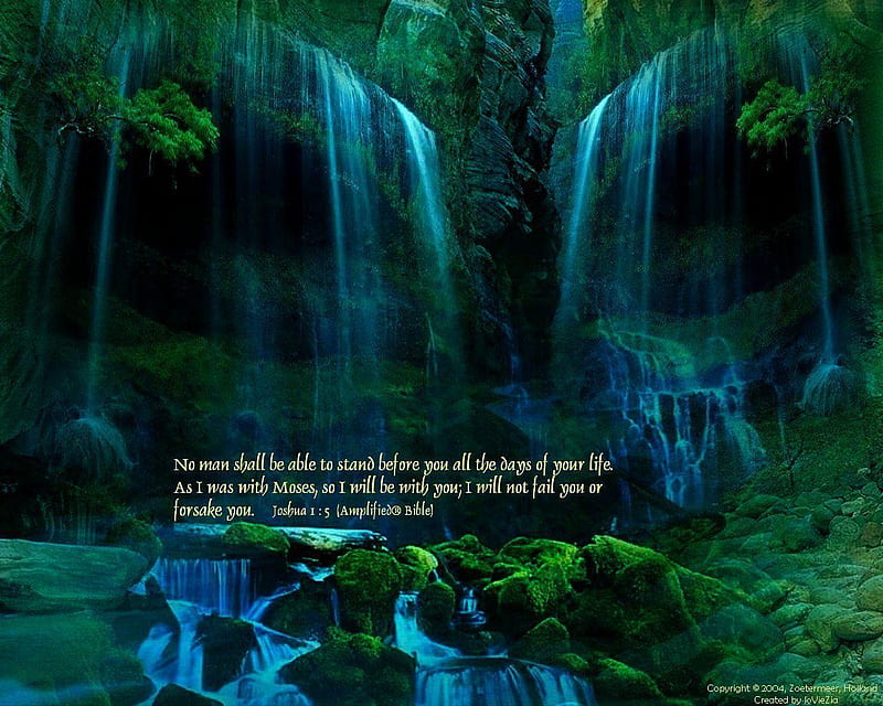 Waterfall - Bible Verse, pretty, bonito, trees, verse, waterfalls, jesus, water, green, bible, god, blue, scripture, HD wallpaper