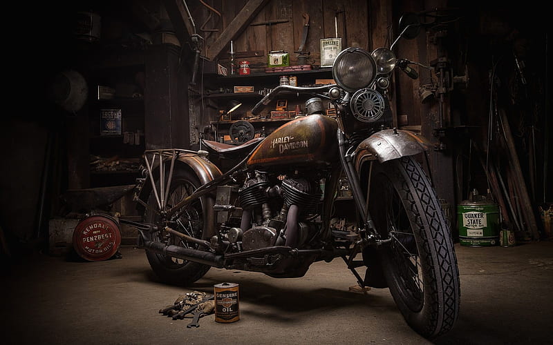 Harley-Davidson, old rusty motorcycle, retro motorcycles, garage, american motorcycles, HD wallpaper