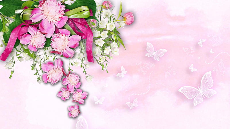 Chrysanthemums and Butterflies, ribbon, summer, flowers, firefox persona, spring, soft, butterflies, pink, HD wallpaper