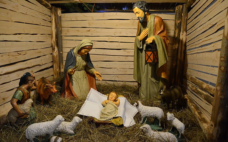 Nativity Scene, sculptures, sheep, Joseph, Nativity, manger, Jesus, Mary, HD wallpaper