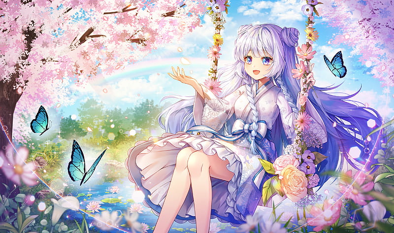 White Hair Blue Dress Flowers Princess Purple Eyes Anime Girl HD