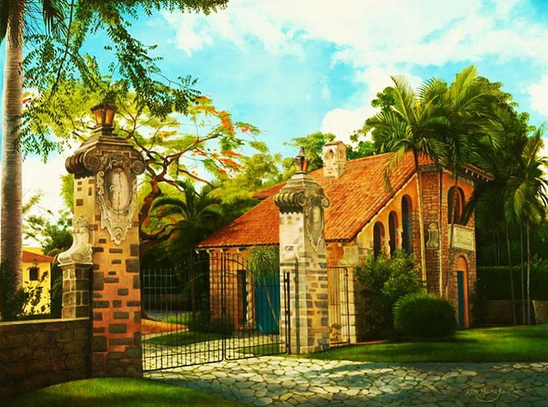 Gates of Splendor, countryside, house, painting, path, iron, trees, artwork, HD wallpaper