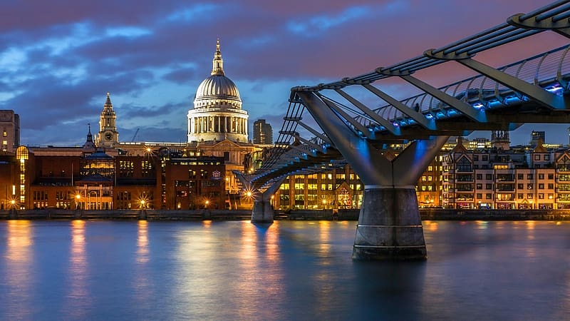 St Paul's Cathedral, London, UK, Thames River, foot bridge, night phto, Large dome, London East End, HD wallpaper