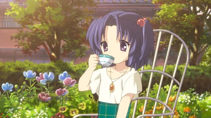 Cup of Tea, pretty, adorable, eat, clannad, tea, sweet, nice, anime, anime girl, female, kotomi, lovely, purple hair, short hair, cute, kawaii, girl, cup, garden, HD wallpaper