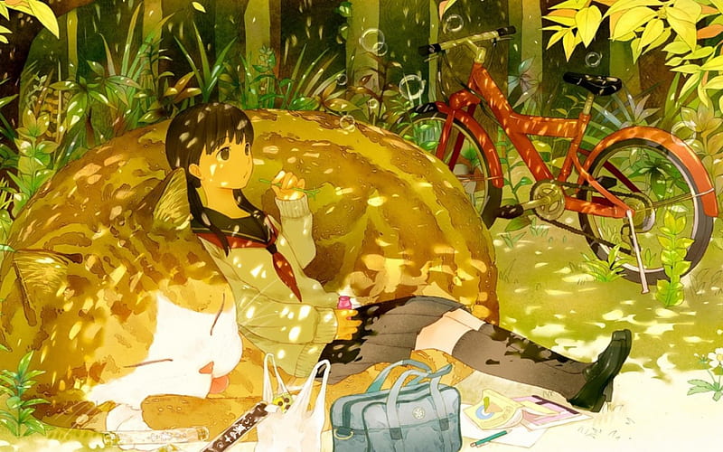 Resting with cat, ponytails, uniform, girl, bag, bike, cat, HD wallpaper