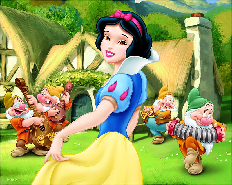 Snow White and the Seven Dwarfs, instrument, fantasy, girl, snow white, gnome, dwarf, princess, disney, HD wallpaper