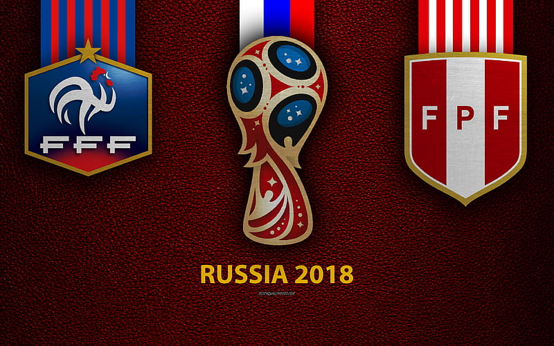 Peru vs France Group C, football, 21 June 2018, logos, 2018 FIFA World Cup, Russia 2018, burgundy leather texture, Russia 2018 logo, cup, Peru, France, national teams, football match, HD wallpaper