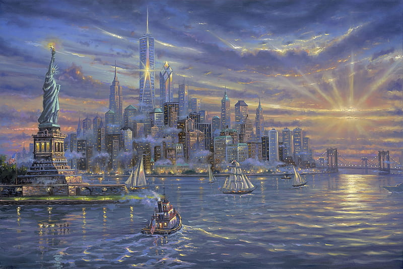 dom Tower, new york, sun, manhattan, boats, city, water, tower, landmark, america, HD wallpaper
