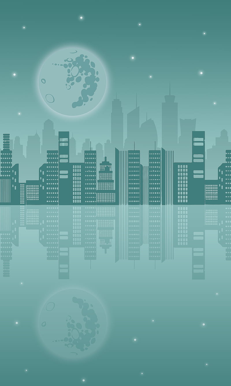 buildings blue, abtract, city, great, minimal, moon, night, simple, HD phone wallpaper