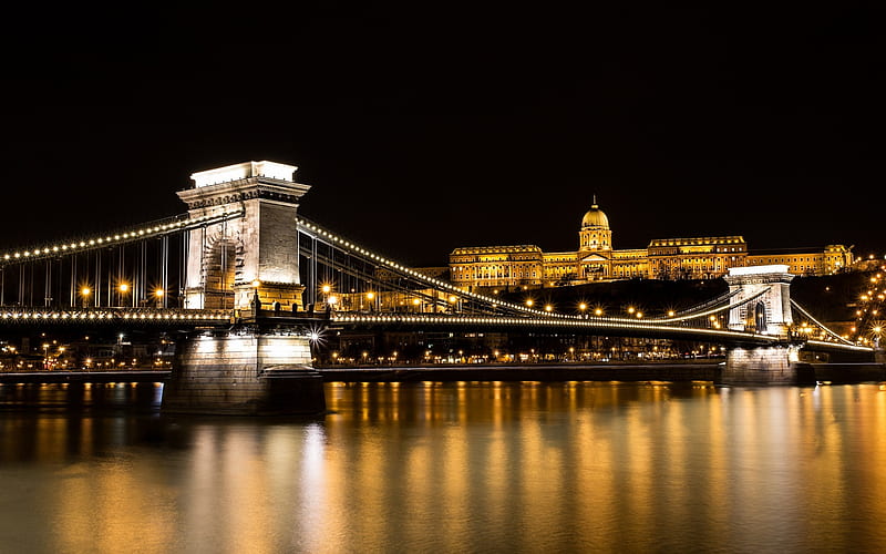 Chain Bridge, Budapest, evening, Danube River, city lights, Hungary, bridge, HD wallpaper