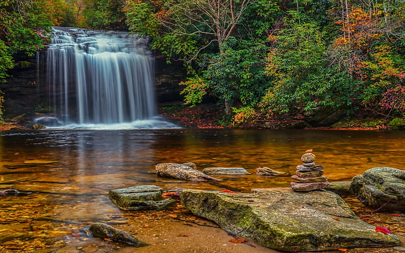 waterfall, lake, forest, autumn, stones, autumn landscape, HD wallpaper