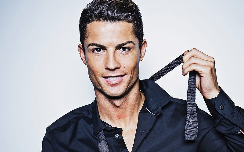 Cristiano Ronaldo, hoot, portrait, CR7, smile, black shirt, Portuguese football player, football star, HD wallpaper